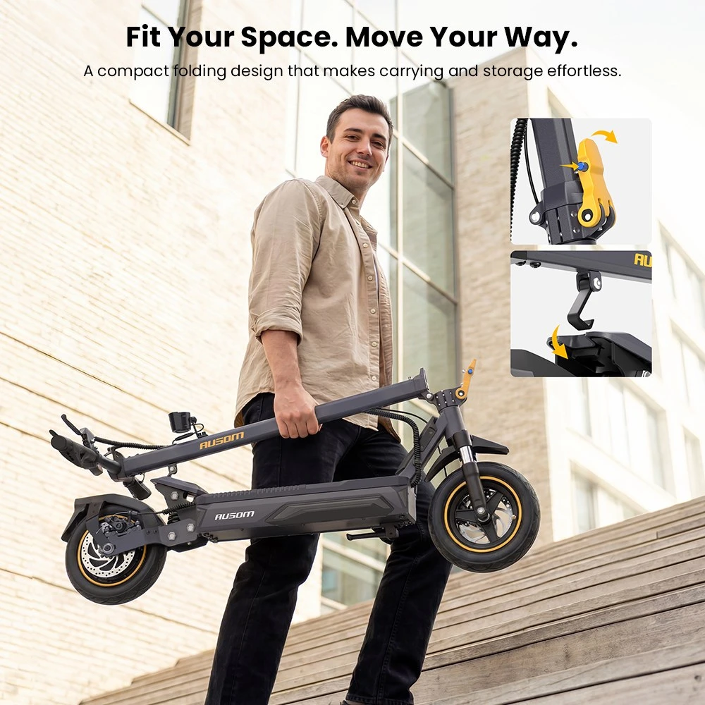 Ausom Laluz 2 Pro Trotinette Électrique, Moteur 1000W, Batterie 48V 18Ah, Pneus 10 pouces, Vitesse maximale 25 km/h, Autonomie 90 km, Freins à disques avant et arrière, Double suspension avant, Déverrouillage NFC