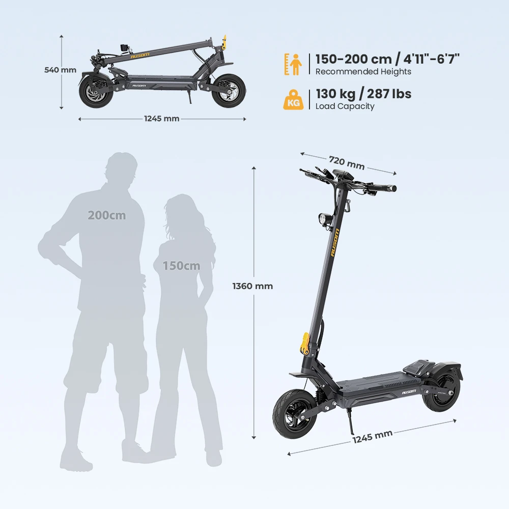 Ausom Gosoul 2 Pro Trotinette Électrique, Moteur 1000W, Batterie 48V 18Ah, Pneus 10 pouces, Vitesse maximale 20 km/h, Autonomie 90 km, Freins à disques avant et arrière, Double suspension avant, Déverrouillage NFC