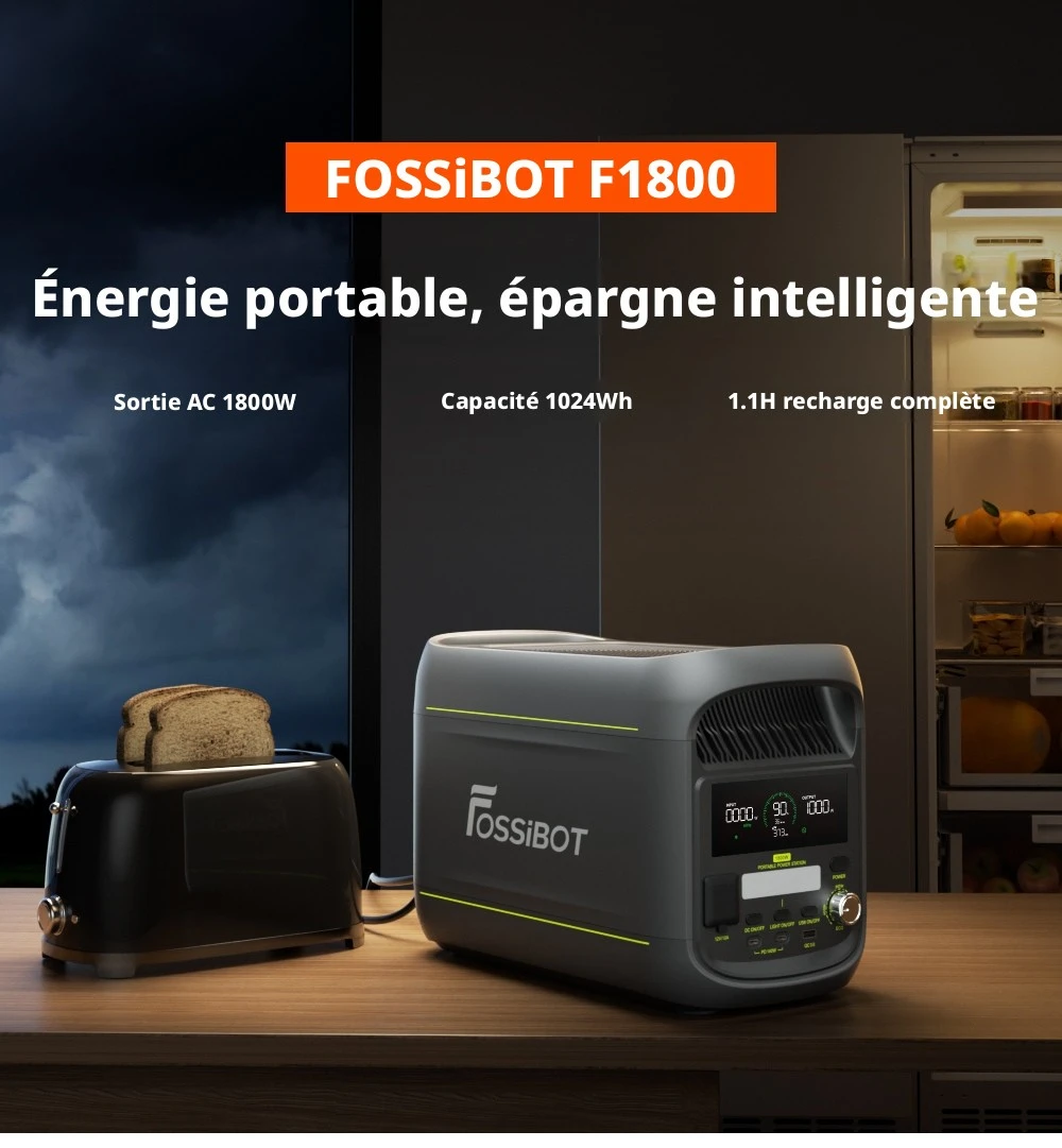 FOSSiBOT F1800 Station d'Alimentation Portable, 1024Wh LiFePO4, Sortie AC 1800W, Charge Ultra-Rapide 1200W AC & 500W Solaire, Multi-Port USB/Type-C/Voiture, Contrôle via Application, Silencieuse <10ms UPS