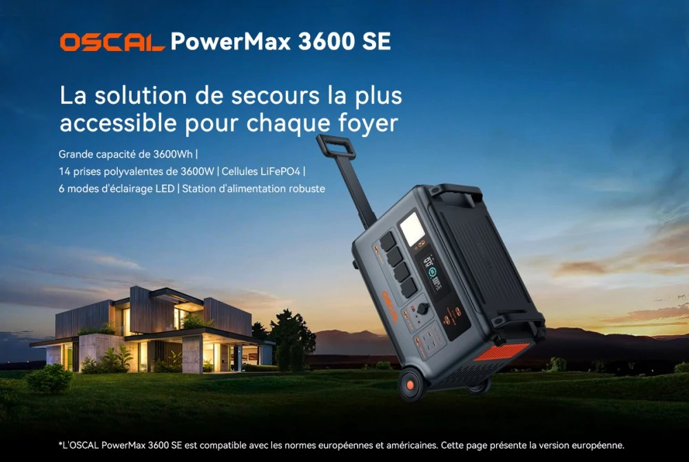 Oscal PowerMax 3600SE Station d’énergie portable, batterie LiFePO4 3600Wh, sortie sinusoïdale pure 3600W, pic 4500W, 6 modes LED, USB-C 100W, commande app, recharge rapide, générateur solaire pour secours, camping, camping-car – prise EU