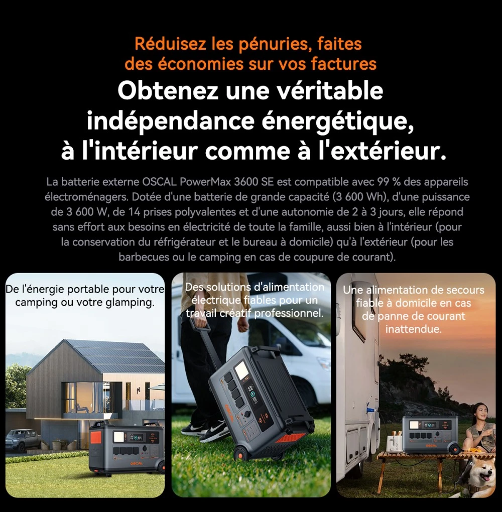 Oscal PowerMax 3600SE Station d’énergie portable, batterie LiFePO4 3600Wh, sortie sinusoïdale pure 3600W, pic 4500W, 6 modes LED, USB-C 100W, commande app, recharge rapide, générateur solaire pour secours, camping, camping-car – prise EU