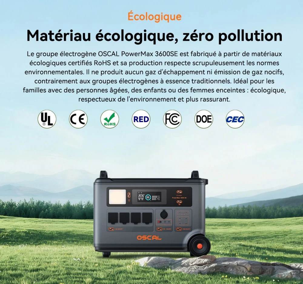Oscal PowerMax 3600SE Station d’énergie portable, batterie LiFePO4 3600Wh, sortie sinusoïdale pure 3600W, pic 4500W, 6 modes LED, USB-C 100W, commande app, recharge rapide, générateur solaire pour secours, camping, camping-car – prise EU