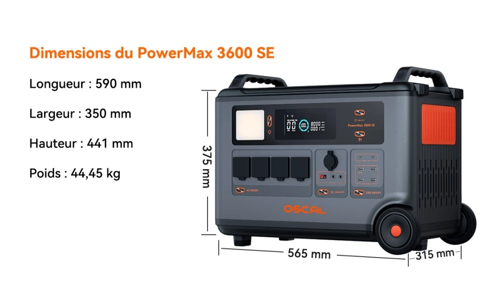 Oscal PowerMax 3600SE Station d’énergie portable, batterie LiFePO4 3600Wh, sortie sinusoïdale pure 3600W, pic 4500W, 6 modes LED, USB-C 100W, commande app, recharge rapide, générateur solaire pour secours, camping, camping-car – prise EU