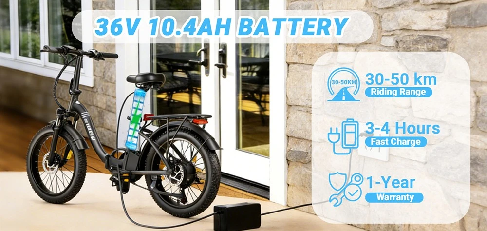 E·Bycco S1 Electric Bike, 250W Brushless (500W Peak) Motor, 36V 10.4Ah Removable Battery, 25km/h Top Speed, 30–50km Range, 20"×3.0" Fat Tires, Shimano 7-Speed, Dual Disc Brakes, Foldable Frame, 150kg Max Load