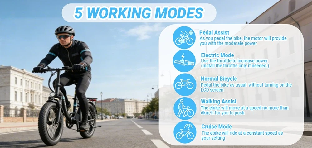 E·Bycco S1 Electric Bike, 250W Brushless (500W Peak) Motor, 36V 10.4Ah Removable Battery, 25km/h Top Speed, 30–50km Range, 20"×3.0" Fat Tires, Shimano 7-Speed, Dual Disc Brakes, Foldable Frame, 150kg Max Load
