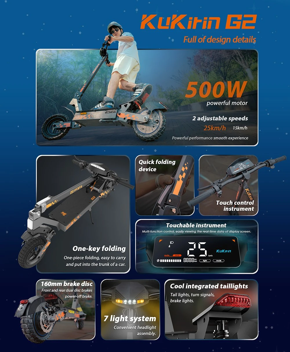 Trotinetă electrică KuKirin G2, motor de 500W, baterie de 48V 15.6Ah, viteză maximă de 25km/h, autonomie de 65km, anvelope tubeless de 10 inch, frâne cu disc dublu, unghi de urcare de 20°, rezistență la apă IPX4, sarcină maximă de 120kg