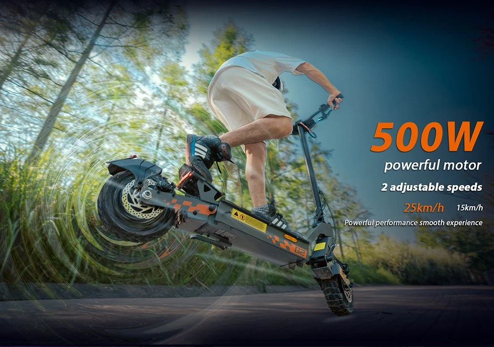 Trotinetă electrică KuKirin G2, motor de 500W, baterie de 48V 15.6Ah, viteză maximă de 25km/h, autonomie de 65km, anvelope tubeless de 10 inch, frâne cu disc dublu, unghi de urcare de 20°, rezistență la apă IPX4, sarcină maximă de 120kg