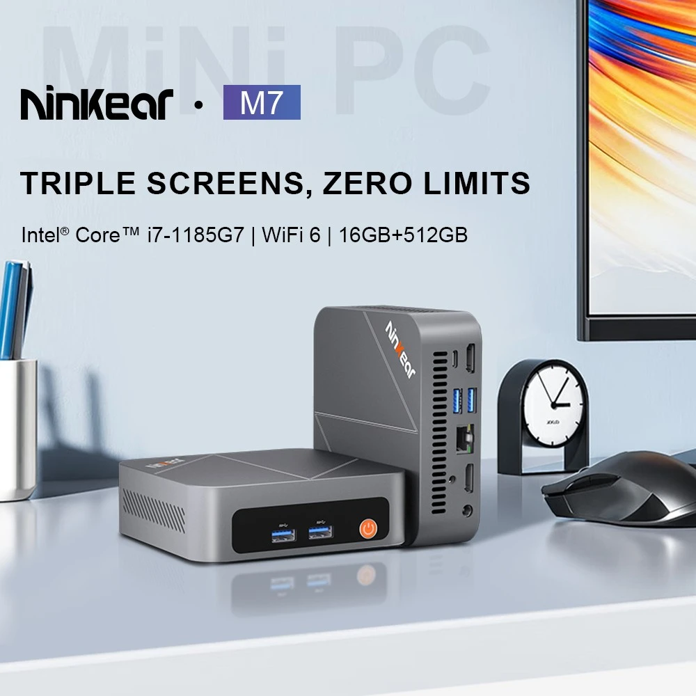 Ninkear M7 Mini PC, Intel Core i7-1185G7 4 Cores Max 4.8GHz, 16GB RAM 512GB SSD, Dual HDMI 4K Display + Type-C, WiFi 6 Bluetooth 5.2, 2*USB3.0, 2*USB2.0, 1*RJ45, 1*Audio Jack, VESA Mount
