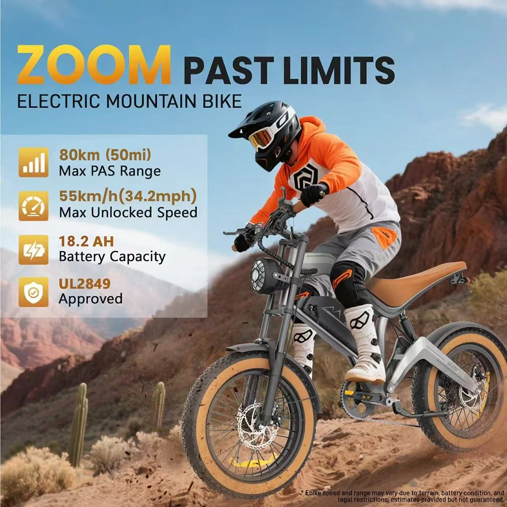 ZONVEER M20 Electric Bike, 1000W (1500W Peak) Motor, 48V 18.2Ah Battery, 55km/h Max Speed, 60km PAS Range, 20