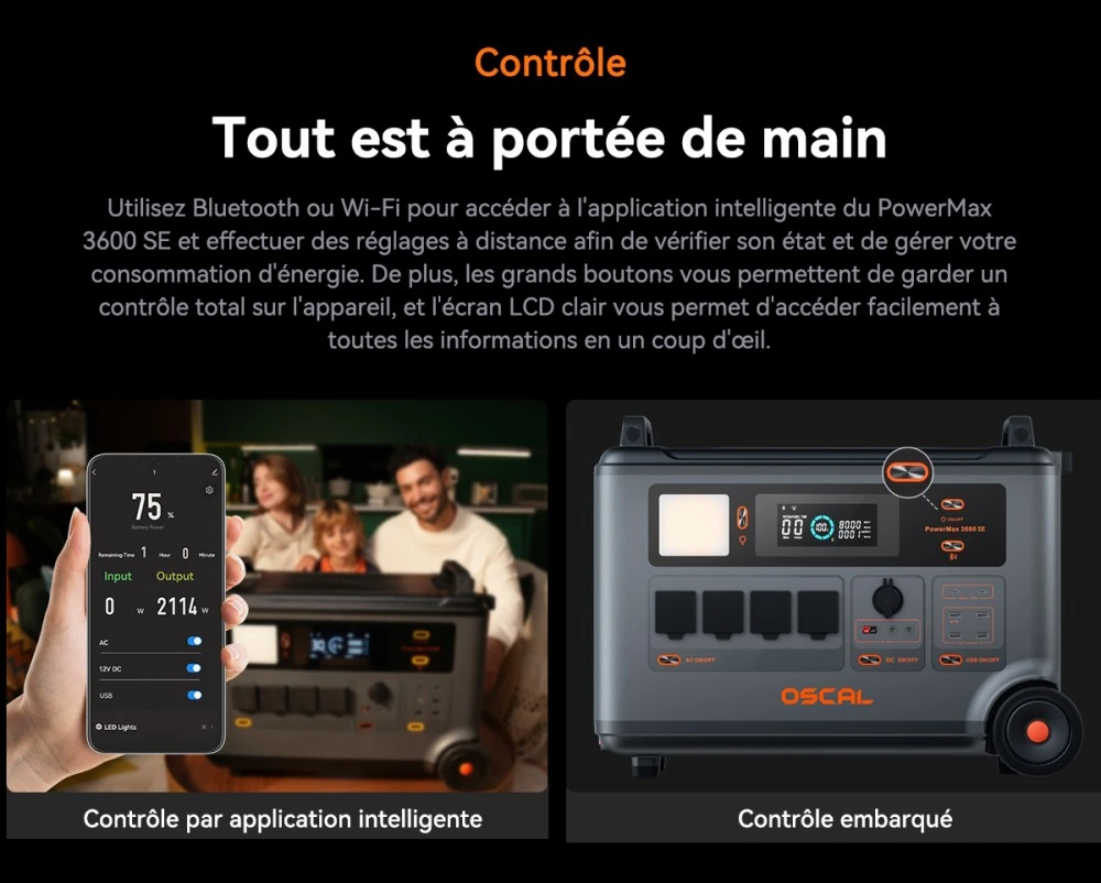 Oscal PowerMax 3600SE Station d’énergie portable, batterie LiFePO4 3600Wh, sortie sinusoïdale pure 3600W, pic 4500W, 6 modes LED, USB-C 100W, commande app, recharge rapide, générateur solaire pour secours, camping, camping-car – prise EU