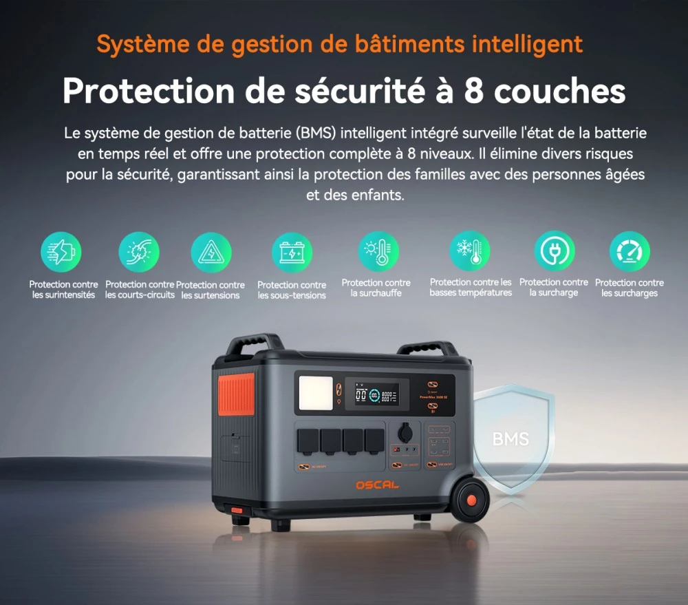 Oscal PowerMax 3600SE Station d’énergie portable, batterie LiFePO4 3600Wh, sortie sinusoïdale pure 3600W, pic 4500W, 6 modes LED, USB-C 100W, commande app, recharge rapide, générateur solaire pour secours, camping, camping-car – prise EU