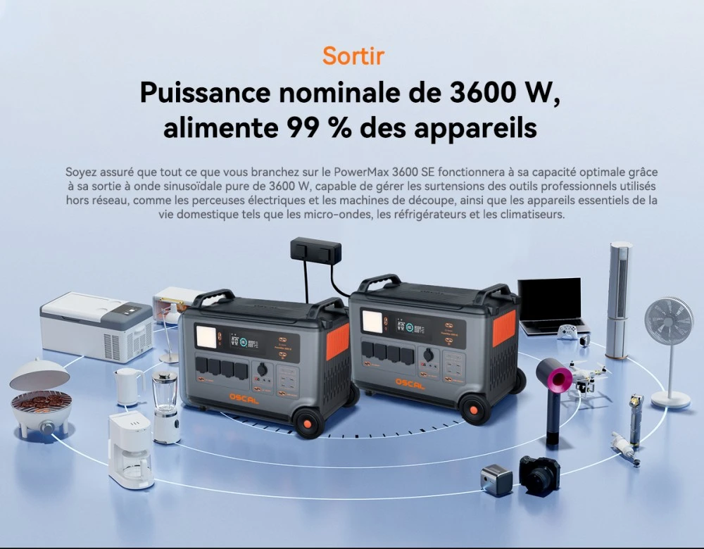 Oscal PowerMax 3600SE Station d’énergie portable, batterie LiFePO4 3600Wh, sortie sinusoïdale pure 3600W, pic 4500W, 6 modes LED, USB-C 100W, commande app, recharge rapide, générateur solaire pour secours, camping, camping-car – prise EU