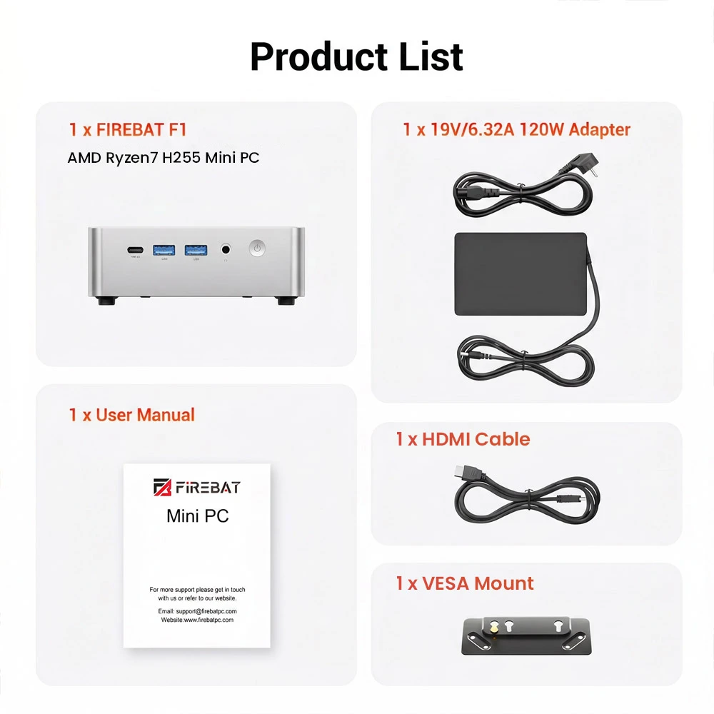 FIREBAT F1 Mini PC, AMD Ryzen 7 H255, 8 Cores 16 Threads Up to 4.9GHz, AMD Radeon 780M Graphics, 16GB LPDDR5 RAM, 512GB SSD, USB4 40Gbps, DP+HDMI+Type-C 4K Triple Display, WiFi 6 Bluetooth 5.2, 2.5G RJ45 LAN, Dual M.2 SSD Expansion