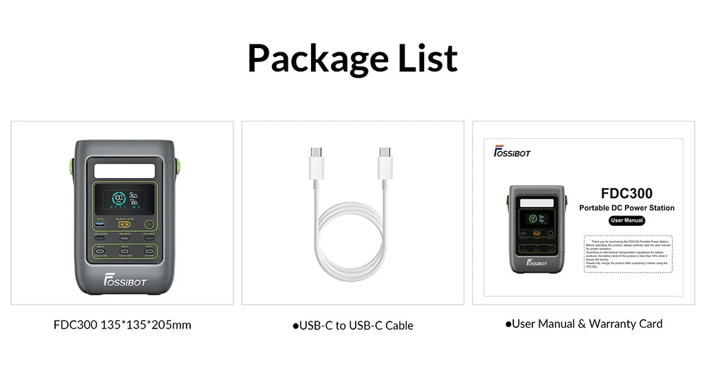 Station d'alimentation portable FOSSiBOT FDC300, batterie LiFePO4 288 Wh, double sortie haute puissance USB-C 140 W, charge rapide via USB-C/solaire/voiture, port USB-A QC3.0, entrée XT60 voiture et solaire, écran HD intelligent, ventilateur de refroidissement intégré.