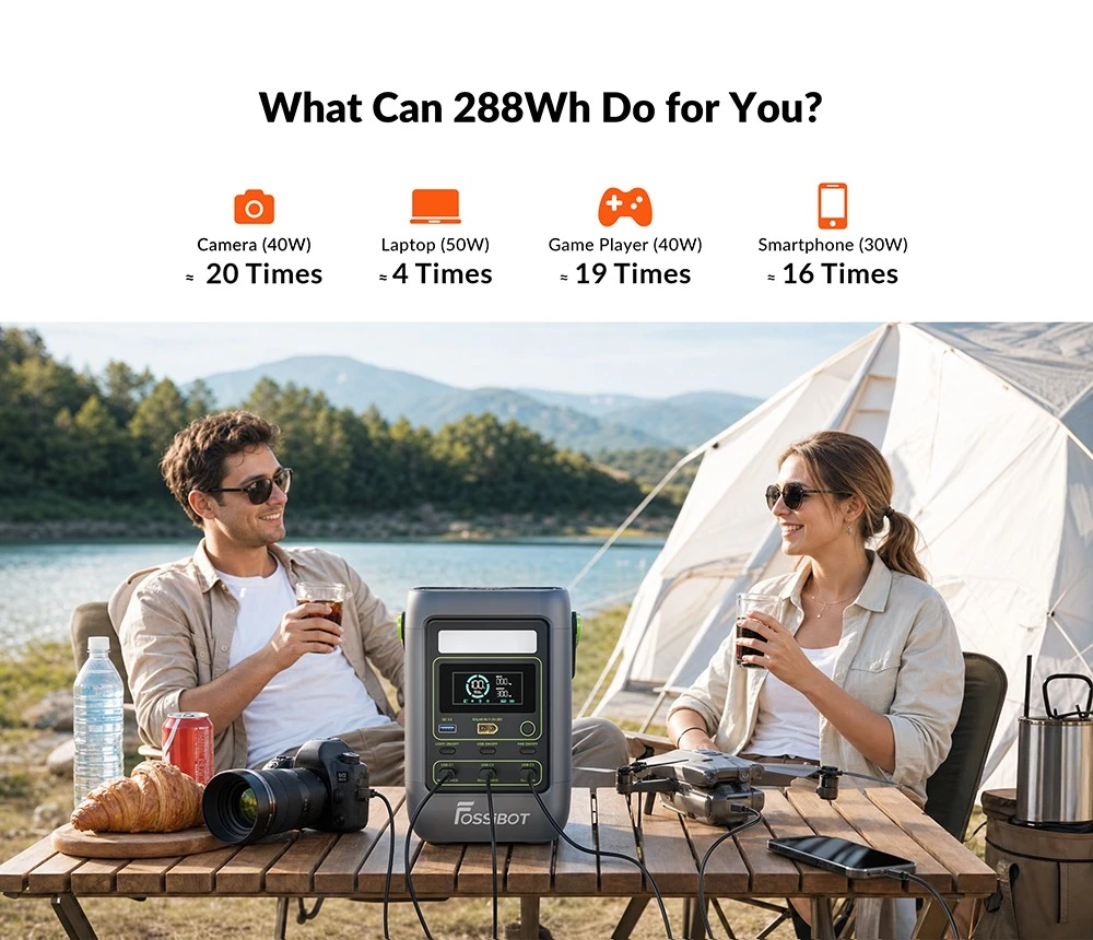 Station d'alimentation portable FOSSiBOT FDC300, batterie LiFePO4 288 Wh, double sortie haute puissance USB-C 140 W, charge rapide via USB-C/solaire/voiture, port USB-A QC3.0, entrée XT60 voiture et solaire, écran HD intelligent, ventilateur de refroidissement intégré.