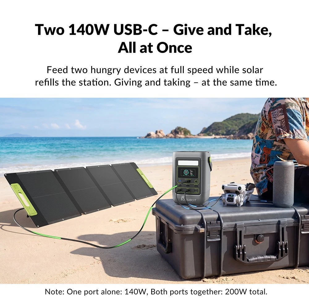 Station d'alimentation portable FOSSiBOT FDC300, batterie LiFePO4 288 Wh, double sortie haute puissance USB-C 140 W, charge rapide via USB-C/solaire/voiture, port USB-A QC3.0, entrée XT60 voiture et solaire, écran HD intelligent, ventilateur de refroidissement intégré.