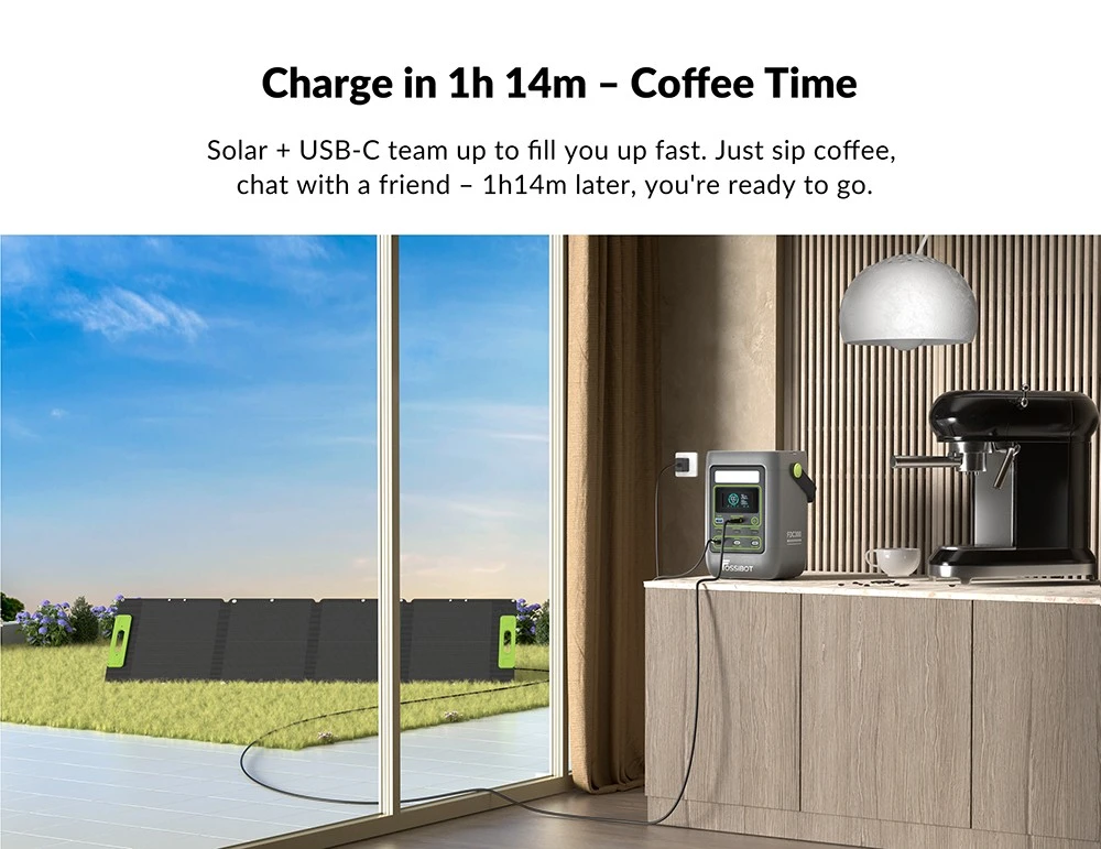 Station d'alimentation portable FOSSiBOT FDC300, batterie LiFePO4 288 Wh, double sortie haute puissance USB-C 140 W, charge rapide via USB-C/solaire/voiture, port USB-A QC3.0, entrée XT60 voiture et solaire, écran HD intelligent, ventilateur de refroidissement intégré.