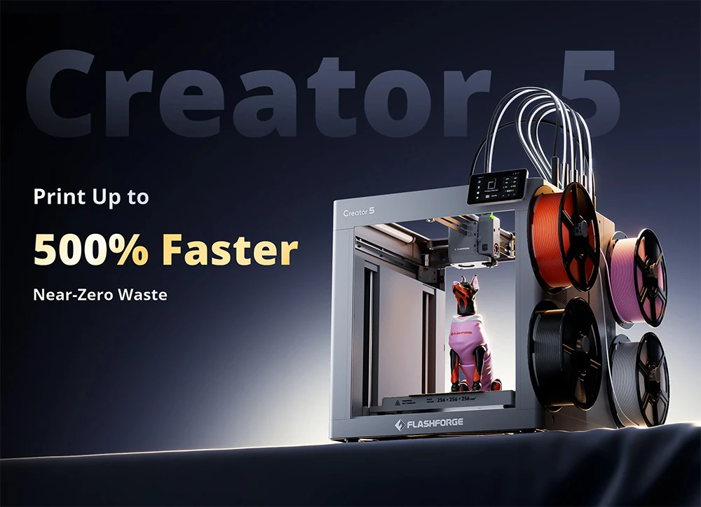 Flashforge Creator 5 3D Printer, 4 Independent Toolheads, 256×256×256mm Build Volume, 600mm/s Travel Speed, Auto Leveling, 320°C Nozzle, Multi-Color Multi-Material Printing, WiFi Remote Monitoring, PEI Flexible Plate