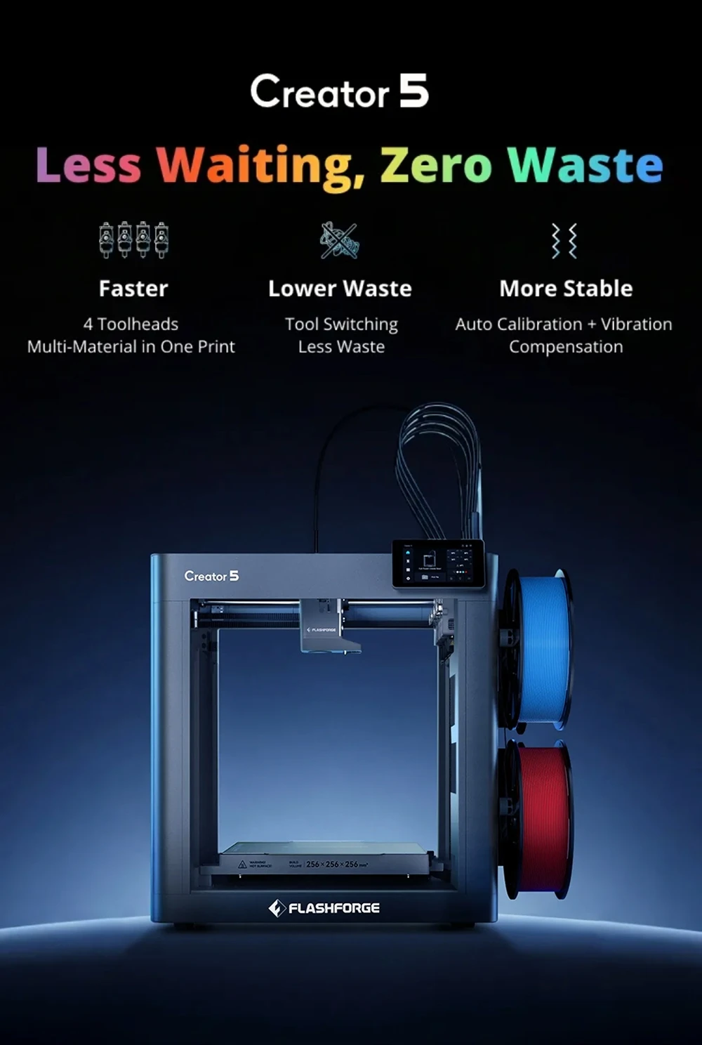Flashforge Creator 5 3D Printer, 4 Independent Toolheads, 256×256×256mm Build Volume, 600mm/s Travel Speed, Auto Leveling, 320°C Nozzle, Multi-Color Multi-Material Printing, WiFi Remote Monitoring, PEI Flexible Plate