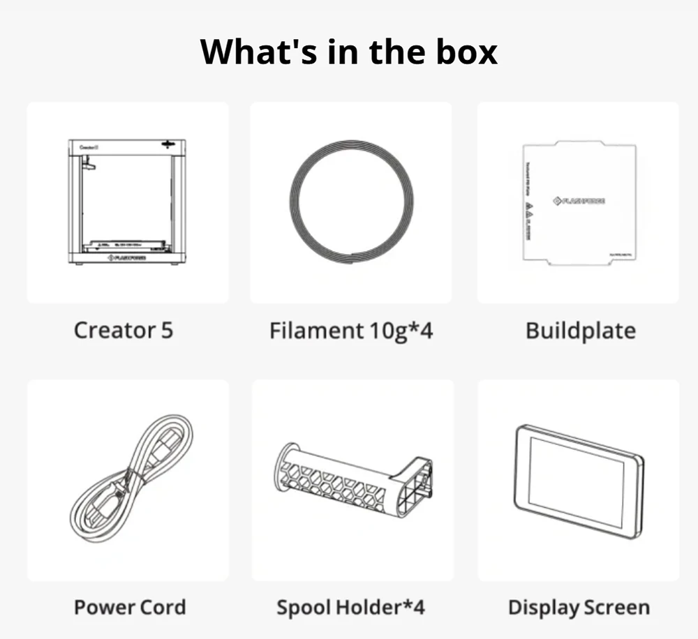 Flashforge Creator 5 3D Printer, 4 Independent Toolheads, 256×256×256mm Build Volume, 600mm/s Travel Speed, Auto Leveling, 320°C Nozzle, Multi-Color Multi-Material Printing, WiFi Remote Monitoring, PEI Flexible Plate