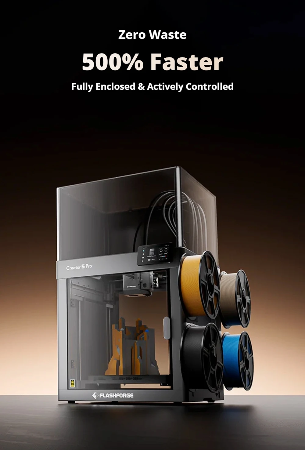 Flashforge Creator 5 Pro 3D Printer, 4 Independent Toolheads, 600mm/s Travel Speed, 256×256×256mm Build Volume, 320°C Extruder, Heated Chamber, HEPA13 Air Filtration, Auto Leveling, WiFi Remote Monitoring