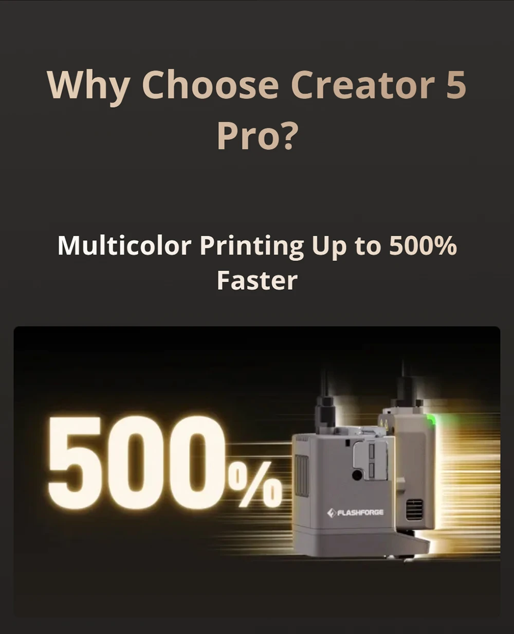 Flashforge Creator 5 Pro 3D Printer, 4 Independent Toolheads, 600mm/s Travel Speed, 256×256×256mm Build Volume, 320°C Extruder, Heated Chamber, HEPA13 Air Filtration, Auto Leveling, WiFi Remote Monitoring