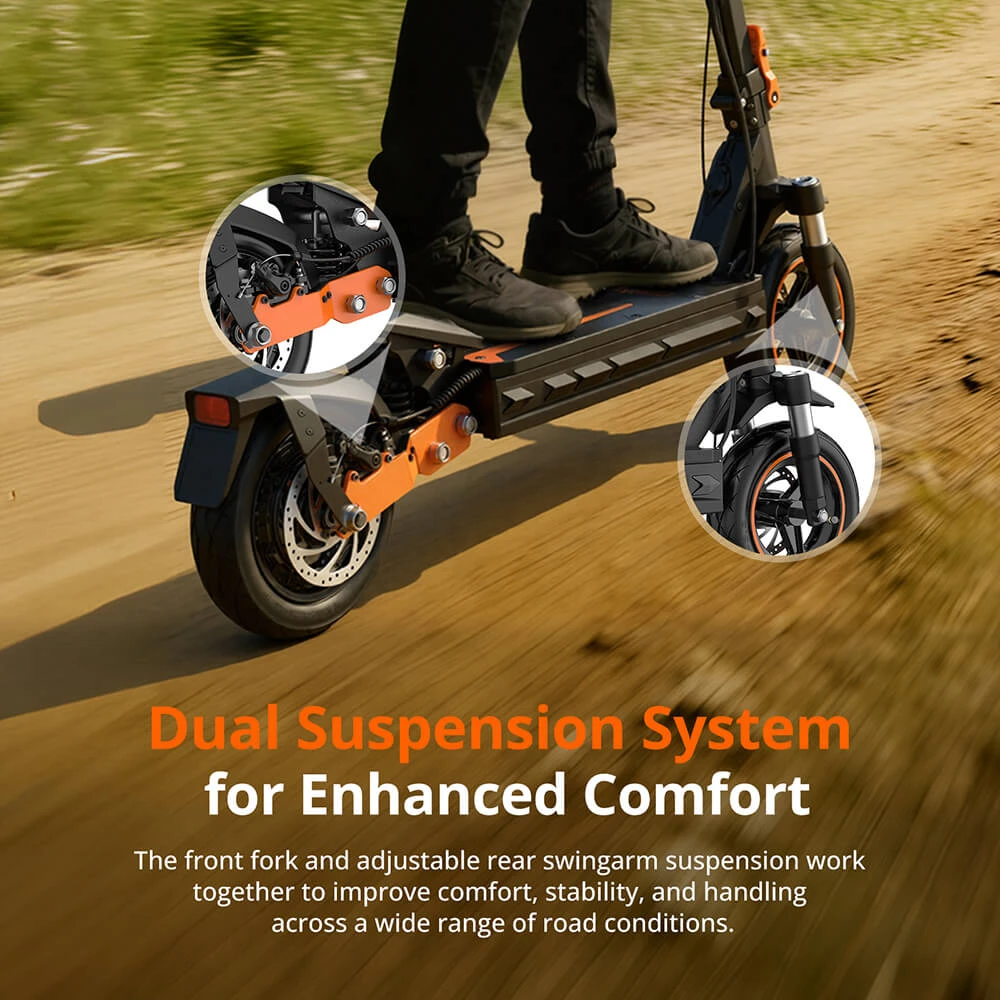 Trottinette électrique pliable Fynzo S11, moteur de 1100 W (puissance maximale), batterie 48 V 15,6 Ah, vitesse maximale de 45 km/h, autonomie de 60 km, suspensions avant (fourche) et arrière (bras oscillant), 10 pouces