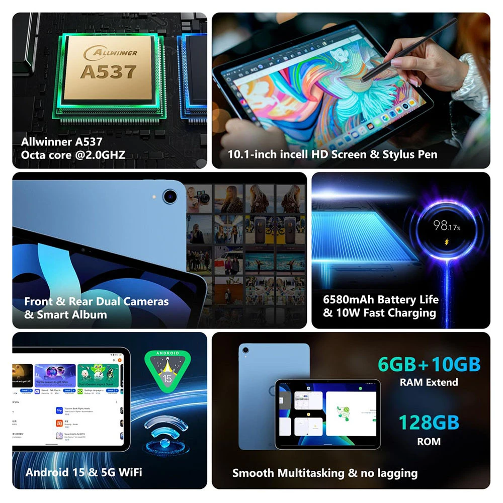 G-tab PAD10 PRO NEO Tablet, 10.1 inch 1280×800 Incell Display, Allwinner T30-A537 Octa-Core 2.0GHz, 6GB RAM 128GB ROM, Android 15, 2.4GHz / 5GHz Dual Band WiFi, Bluetooth 5.0, 5MP Front Camera 13MP Rear Camera, 6580mAh Battery, Type-C OTG