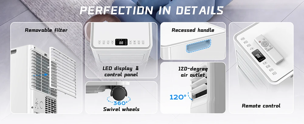 Climatiseur portable HUMILABS A016TC, capacité de refroidissement de 9 000 BTU, débit d'air de 300 m³/h, 3 en 1 (refroidissement/ventilation/déshumidification), fonctionnement silencieux (50 dB), minuterie 24 h, mode veille, panneau tactile LED et télécommande.