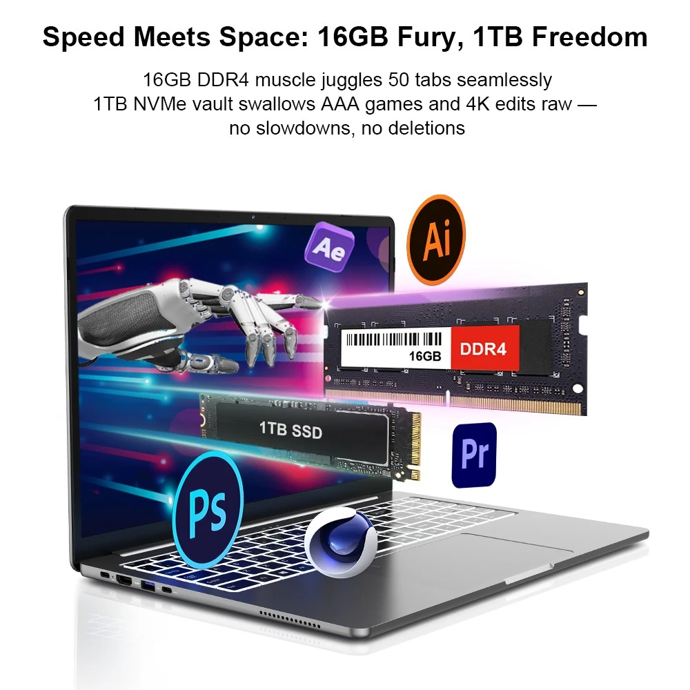 Ninkear A15 Pro Laptop, 16 Inch 2.5K 120Hz IPS Display, AMD Ryzen 5 5500U, 16GB DDR4 RAM, 1TB SSD, AMD Radeon Graphics, WiFi 6 Bluetooth 5.2, Fingerprint Unlock, 2*Type-C (Full-featured), 2*USB 3.0, 1*HDMI, 1*Micro SD Slot, 1*3.5mm Audio Jack