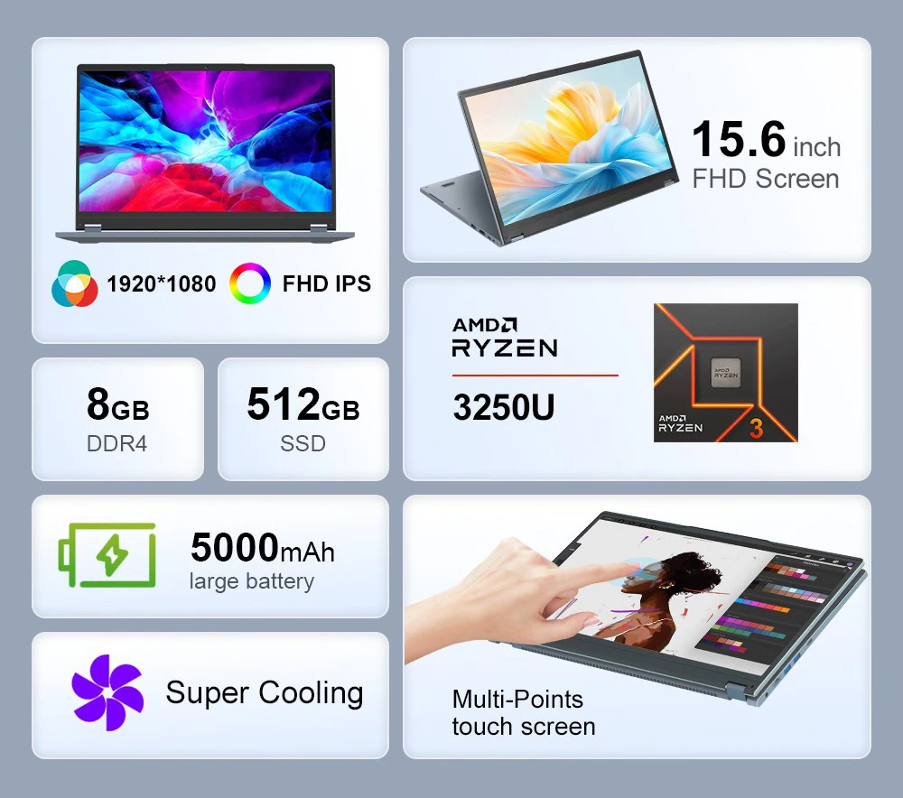 Ninkear YBOOK 15 Laptop, 15.6 inch 1920×1080 FHD IPS Touchscreen, AMD Ryzen 3 3250U, 8GB DDR4 RAM 512GB SSD, 360° Convertible, WiFi 5 Bluetooth 5.0, 5000mAh Battery, 1*Type-C, 1*USB3.0, 2*USB2.0, 1*HDMI, 1*RJ45, 1*Audio Jack