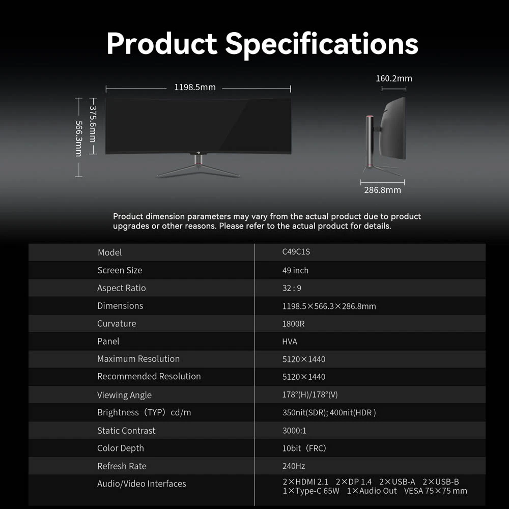 TITAN ARMY C49C1S Gaming Monitor, 49 Inch 1800R Curved Fast VA Screen, 5120×1440 Dual QHD, 240Hz Refresh Rate, 1ms MPRT, HDR400, KVM, PIP/PBP, Game+, FreeSync & G-Sync Compatible, 1*HDMI 2.1, 2*DP 1.4, 1*Type-C, 1*Audio, 75×75mm VESA