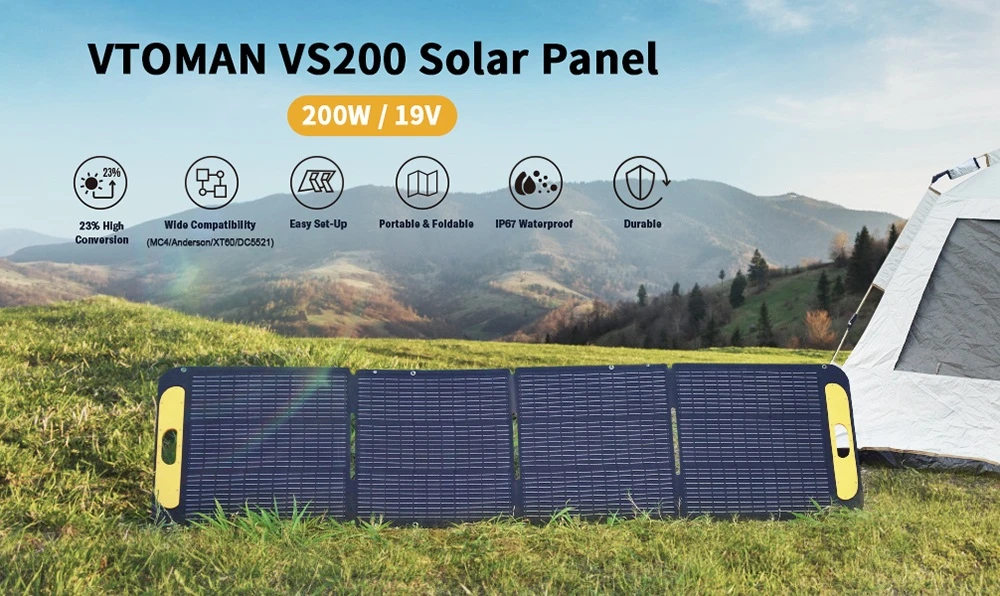 VTOMAN VS200 200W Foldable Solar Panel, 23% High-Efficiency Monocrystalline Cells, IP67 Waterproof ETFE Surface, Adjustable Kickstand, MC4 Connector for Portable Power Stations