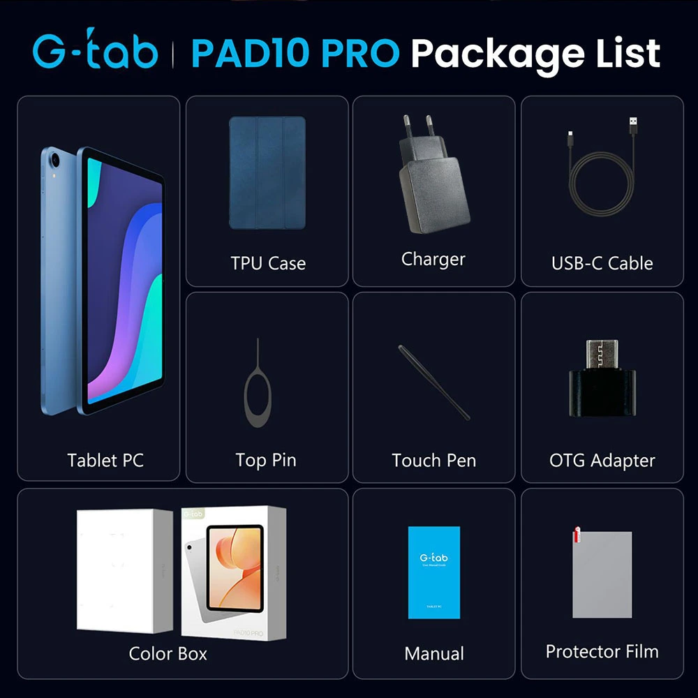 G-tab PAD10 PRO NEO Tablet, 10.1 inch 1280×800 Incell Display, Allwinner A537 Octa-Core 2.0GHz, 6GB RAM 128GB ROM, Android 15, 2.4GHz / 5GHz Dual Band WiFi, Bluetooth 5.0, 5MP + 13MP Camera, 6580mAh Battery, Type-C OTG