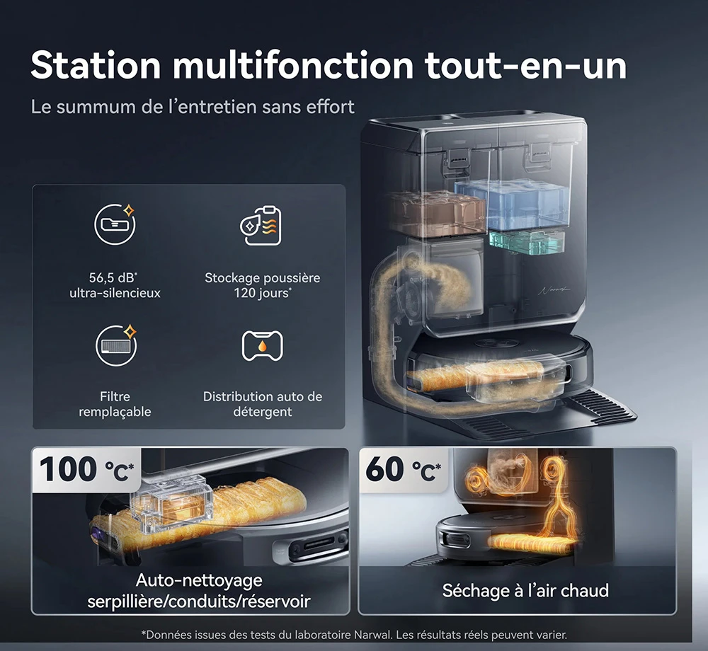 Narwal Flow 2 Robot Aspirateur et Laveur, aspiration 31 000 Pa, double vision IA 1080P, navigation LiDAR cachée, nettoyage à l'eau chaude 60 °C, batterie 7000 mAh, système anti-enchevêtrement, auto-vidage 2,4 L, station sans entretien 120 jours