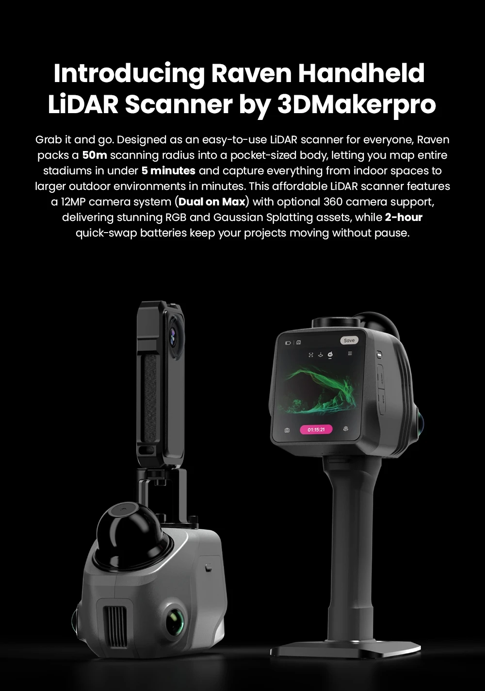 3DMakerpro Raven Max RTK LiDAR Scanner, Dual 12MP Cameras, Integrated RTK Positioning, 100m Scan Range, Survey-Grade Mapping, 150,000 Points/s, 360°×40° FOV, Enhanced RGB Point Clouds, 4K True-Color Capture, 32GB Storage, 12000mAh Battery, Wi-Fi 5