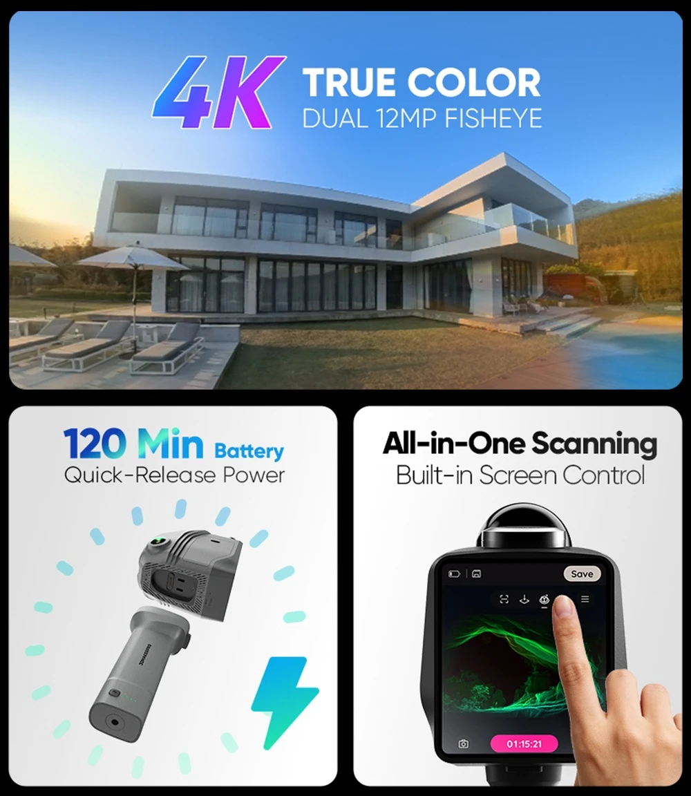 3DMakerpro Raven Max RTK LiDAR Scanner, Dual 12MP Cameras, Integrated RTK Positioning, 100m Scan Range, Survey-Grade Mapping, 150,000 Points/s, 360°×40° FOV, Enhanced RGB Point Clouds, 4K True-Color Capture, 32GB Storage, 12000mAh Battery, Wi-Fi 5