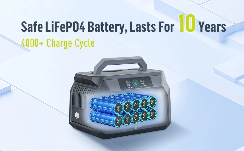 Station d'alimentation portable IEETek P800, puissance de sortie sinusoïdale pure de 800 W, puissance de crête de 1 600 W, batterie LiFePO4 de 512 Wh, charge rapide en 1,2 h, alimentation de secours EPS ≤ 10 ms, rendement de conversion de 95 %, plus de 4 000 cycles, 10 sorties pour le camping et les situations d'urgence.