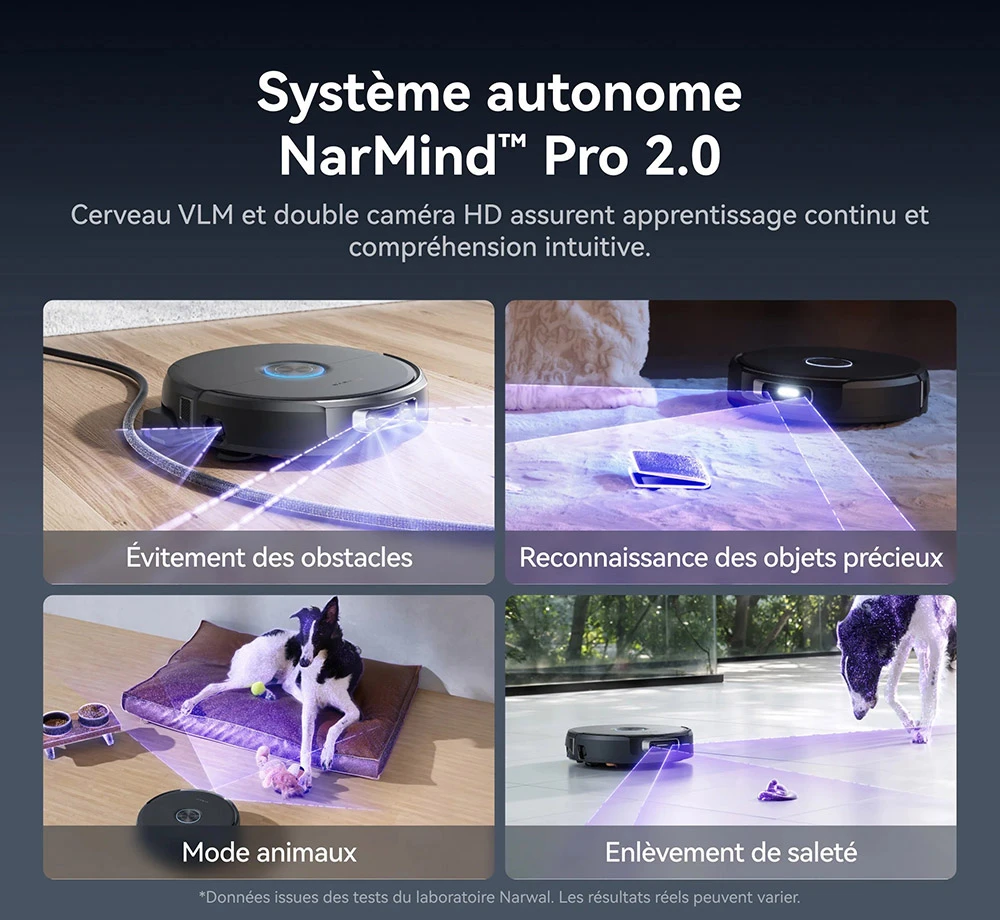 Narwal Flow 2 Robot Aspirateur et Laveur, aspiration 31 000 Pa, double vision IA 1080P, navigation LiDAR cachée, nettoyage à l'eau chaude 60 °C, batterie 7000 mAh, système anti-enchevêtrement, auto-vidage 2,4 L, station sans entretien 120 jours