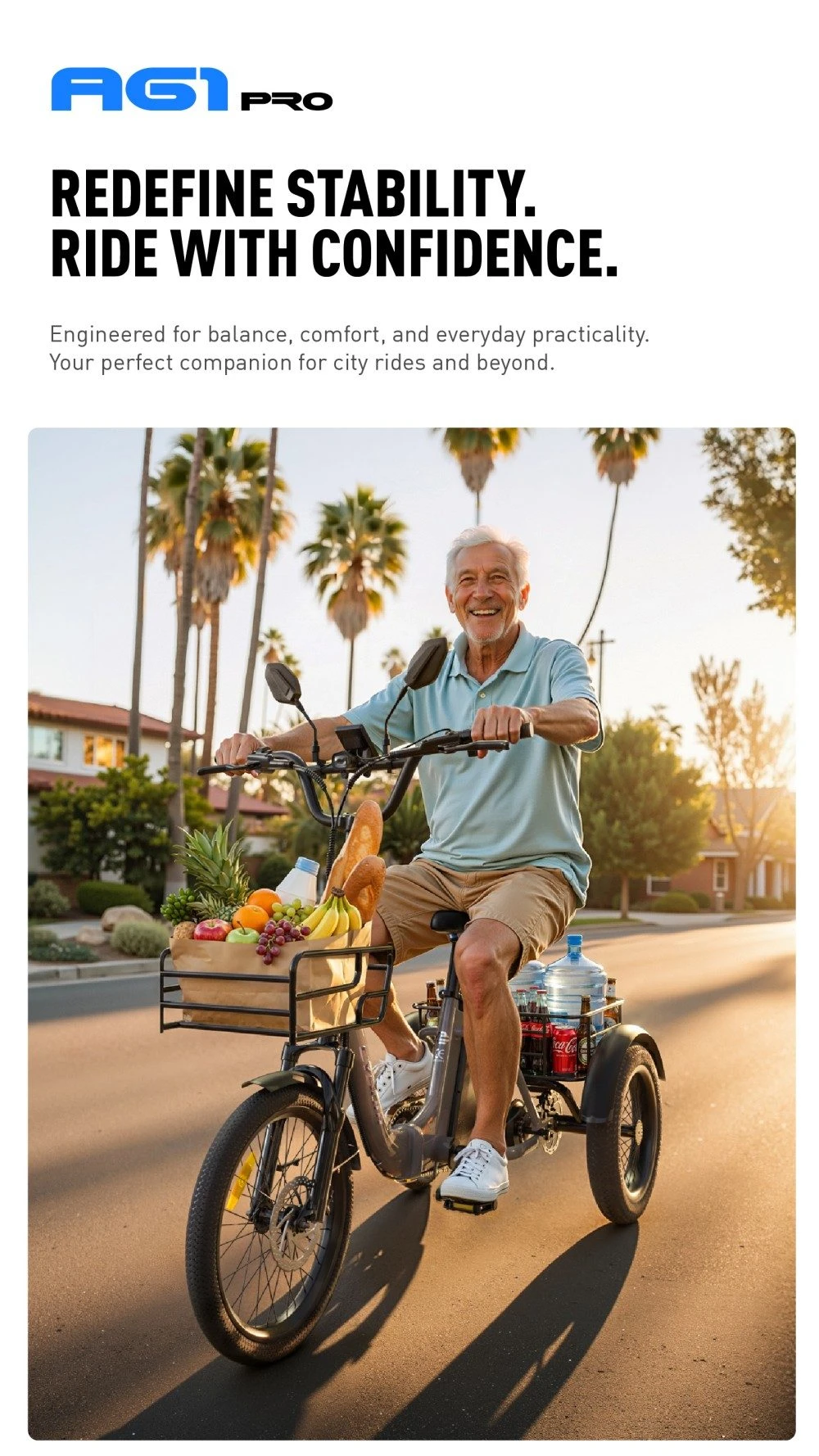 Cysum AG1 Pro Electric Tricycle, 750W High-Speed Motor, 48V 20Ah Battery, 100km Range, 25km/h Top Speed, SHIMANO MT200 Hydraulic Disc Brakes, Front & Rear Cargo Baskets, Shock-absorbing Front Fork & Seat, NFC Unlock, IPX5
