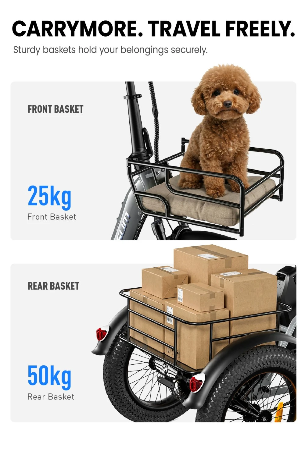 Cysum AG1 Pro Electric Tricycle, 750W High-Speed Motor, 48V 20Ah Battery, 100km Range, 25km/h Top Speed, SHIMANO MT200 Hydraulic Disc Brakes, Front & Rear Cargo Baskets, Shock-absorbing Front Fork & Seat, NFC Unlock, IPX5