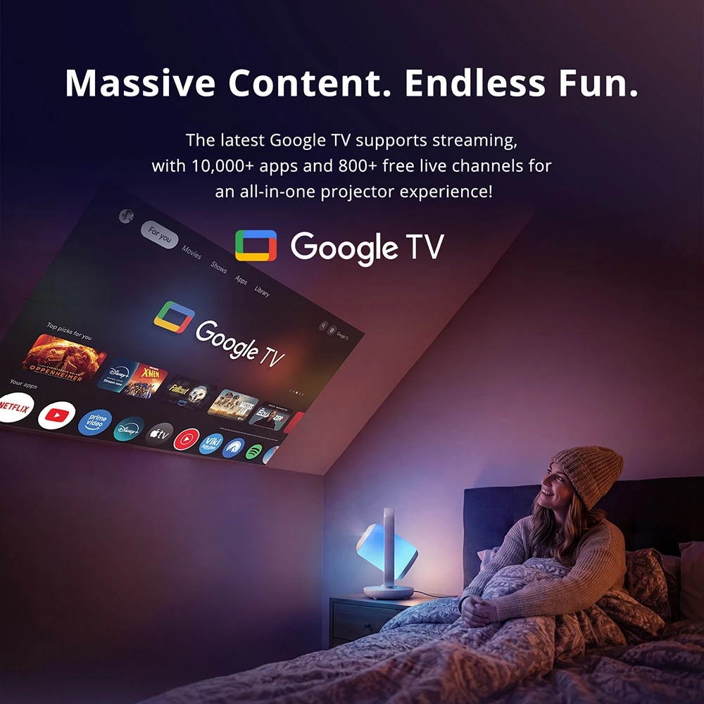 Projecteur ETOE Starfish 2, résolution native Full HD 1080p, décodage 4K, 500 lumens ANSI, contraste 3000:1, Google TV avec Netflix, mise au point et correction trapézoïdale automatiques, inclinaison réglable de 0 à 300°, deux haut-parleurs de 5 W, bloc optique scellé