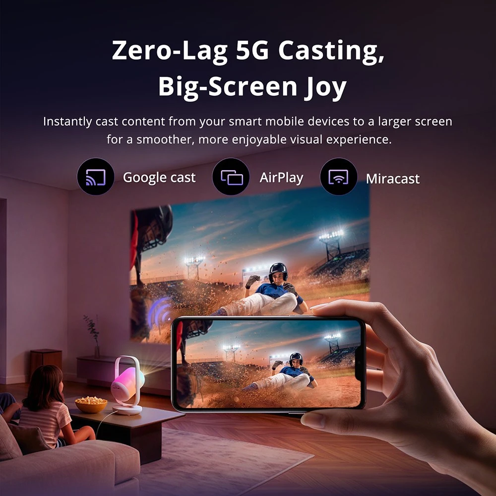 Projecteur ETOE Starfish 2, résolution native Full HD 1080p, décodage 4K, 500 lumens ANSI, contraste 3000:1, Google TV avec Netflix, mise au point et correction trapézoïdale automatiques, inclinaison réglable de 0 à 300°, deux haut-parleurs de 5 W, bloc optique scellé