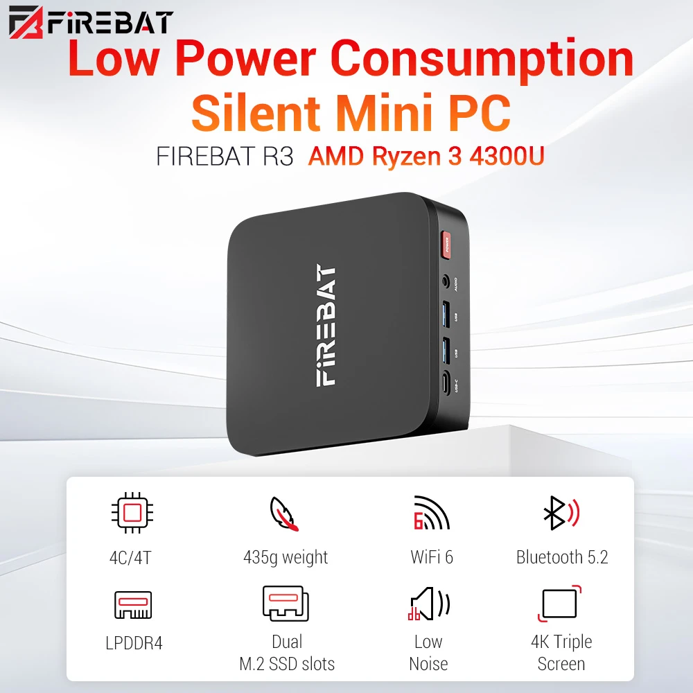 FIREBAT R3 Mini PC, AMD Ryzen 3 4300U Quad-Core Up to 3.7GHz, 16GB LPDDR4 512GB SSD, AMD Radeon Graphics, HDMI + DP + USB-C Triple 4K Display, Dual M.2 Expansion, Gigabit RJ45 WiFi 6 Bluetooth 5.2, 6×USB Ports