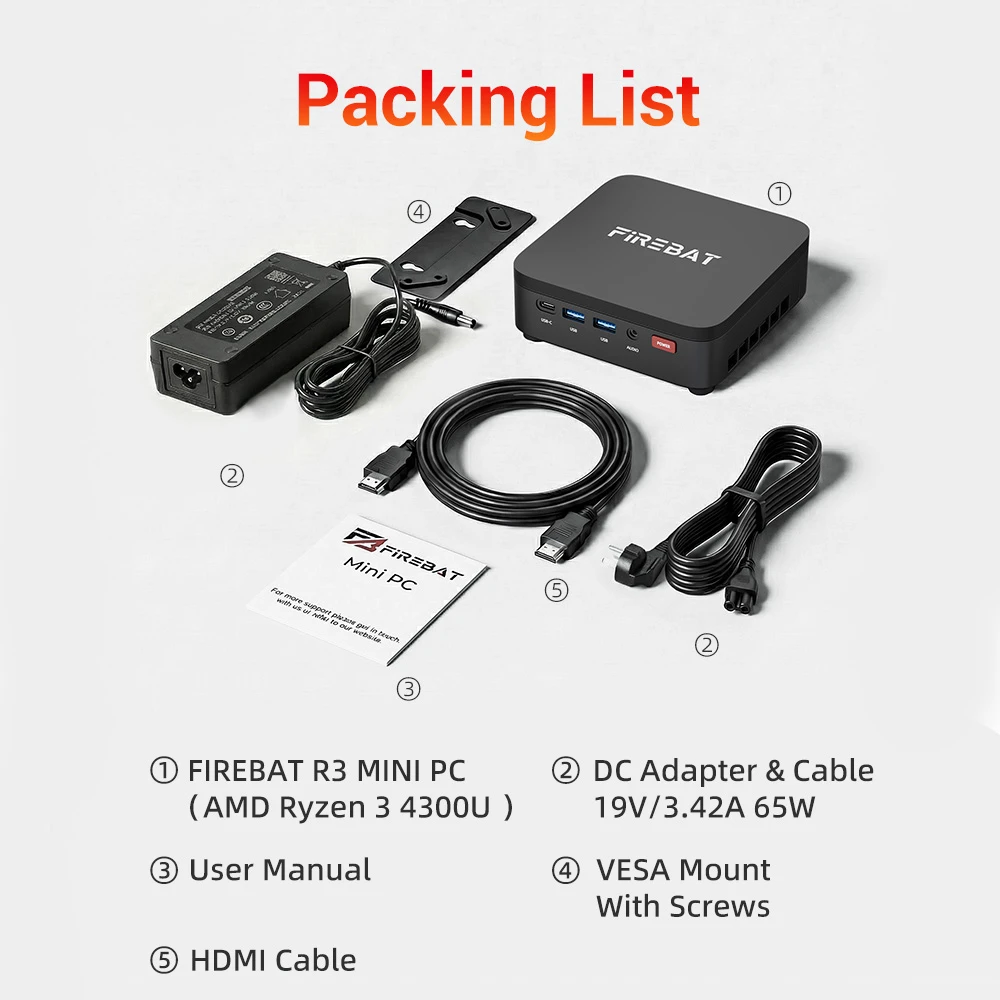FIREBAT R3 Mini PC, AMD Ryzen 3 4300U Quad-Core Up to 3.7GHz, 16GB LPDDR4 512GB SSD, AMD Radeon Graphics, HDMI + DP + USB-C Triple 4K Display, Dual M.2 Expansion, Gigabit RJ45 WiFi 6 Bluetooth 5.2, 6×USB Ports