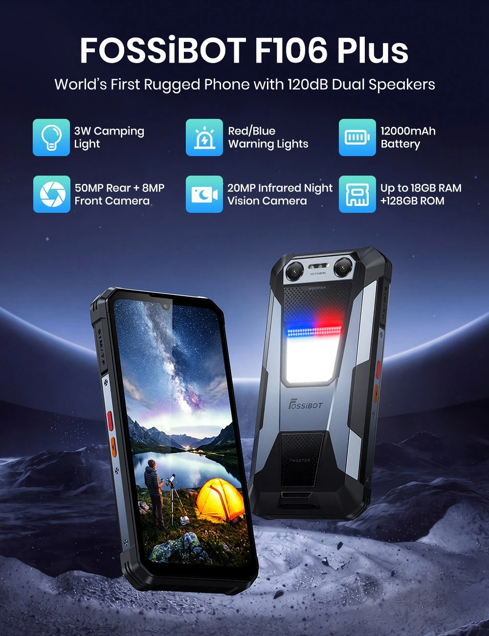 Odolný smartphone FOSSiBOT F106 Plus, 6 GB RAM + 128 GB ROM, baterie 12 000 mAh, duální stereo reproduktory s hlučností 120 dB, 20MP kamera s nočním viděním, 50MP kamera s umělou inteligencí, 6,745