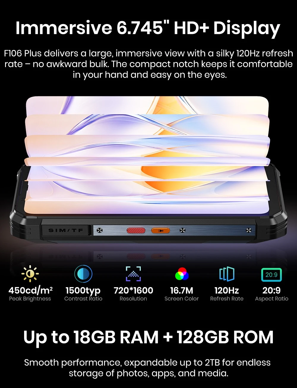 Odolný smartphone FOSSiBOT F106 Plus, 6 GB RAM + 128 GB ROM, baterie 12 000 mAh, duální stereo reproduktory s hlučností 120 dB, 20MP kamera s nočním viděním, 50MP kamera s umělou inteligencí, 6,745