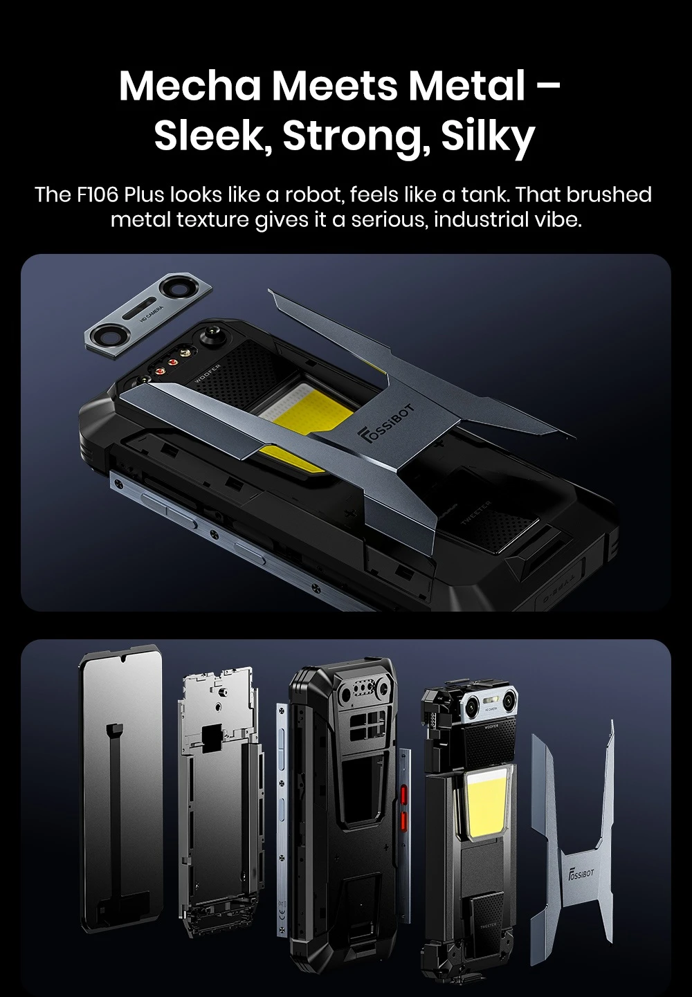 Odolný smartphone FOSSiBOT F106 Plus, 6 GB RAM + 128 GB ROM, baterie 12 000 mAh, duální stereo reproduktory s hlučností 120 dB, 20MP kamera s nočním viděním, 50MP kamera s umělou inteligencí, 6,745