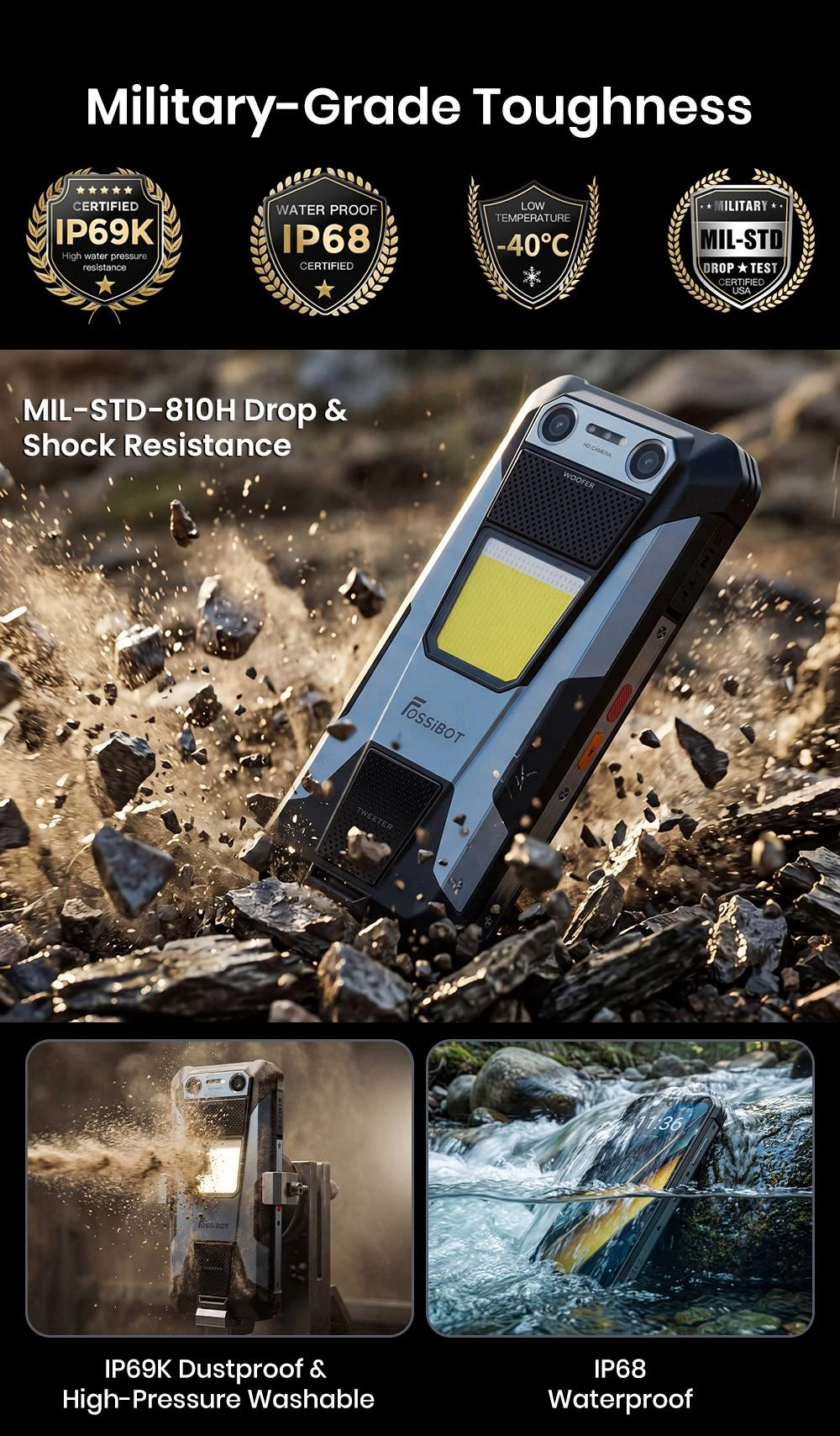 Odolný smartphone FOSSiBOT F106 Plus, 6 GB RAM + 128 GB ROM, baterie 12 000 mAh, duální stereo reproduktory s hlučností 120 dB, 20MP kamera s nočním viděním, 50MP kamera s umělou inteligencí, 6,745