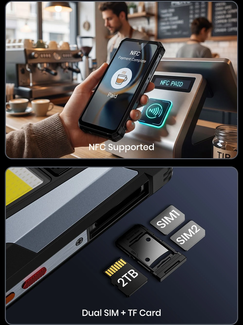 Odolný smartphone FOSSiBOT F106 Plus, 6 GB RAM + 128 GB ROM, baterie 12 000 mAh, duální stereo reproduktory s hlučností 120 dB, 20MP kamera s nočním viděním, 50MP kamera s umělou inteligencí, 6,745